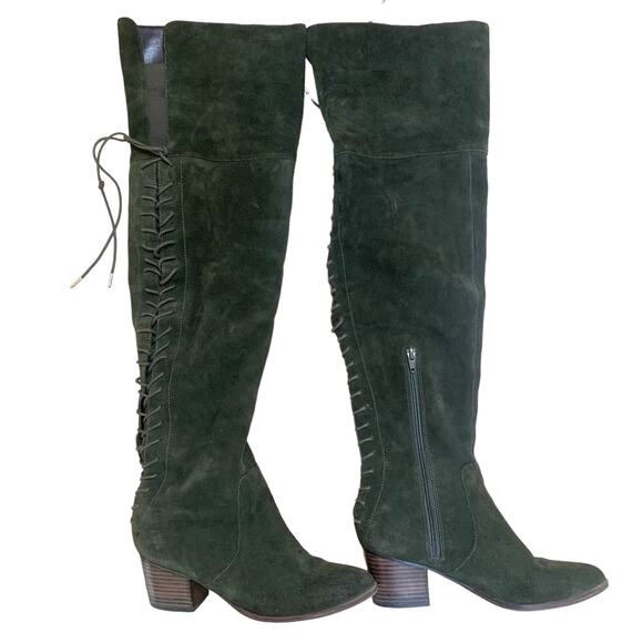 Aldo Size 7 Over The Knee Heeled Boots Olive Green Leather Suede Lace Up - Picture 1 of 16